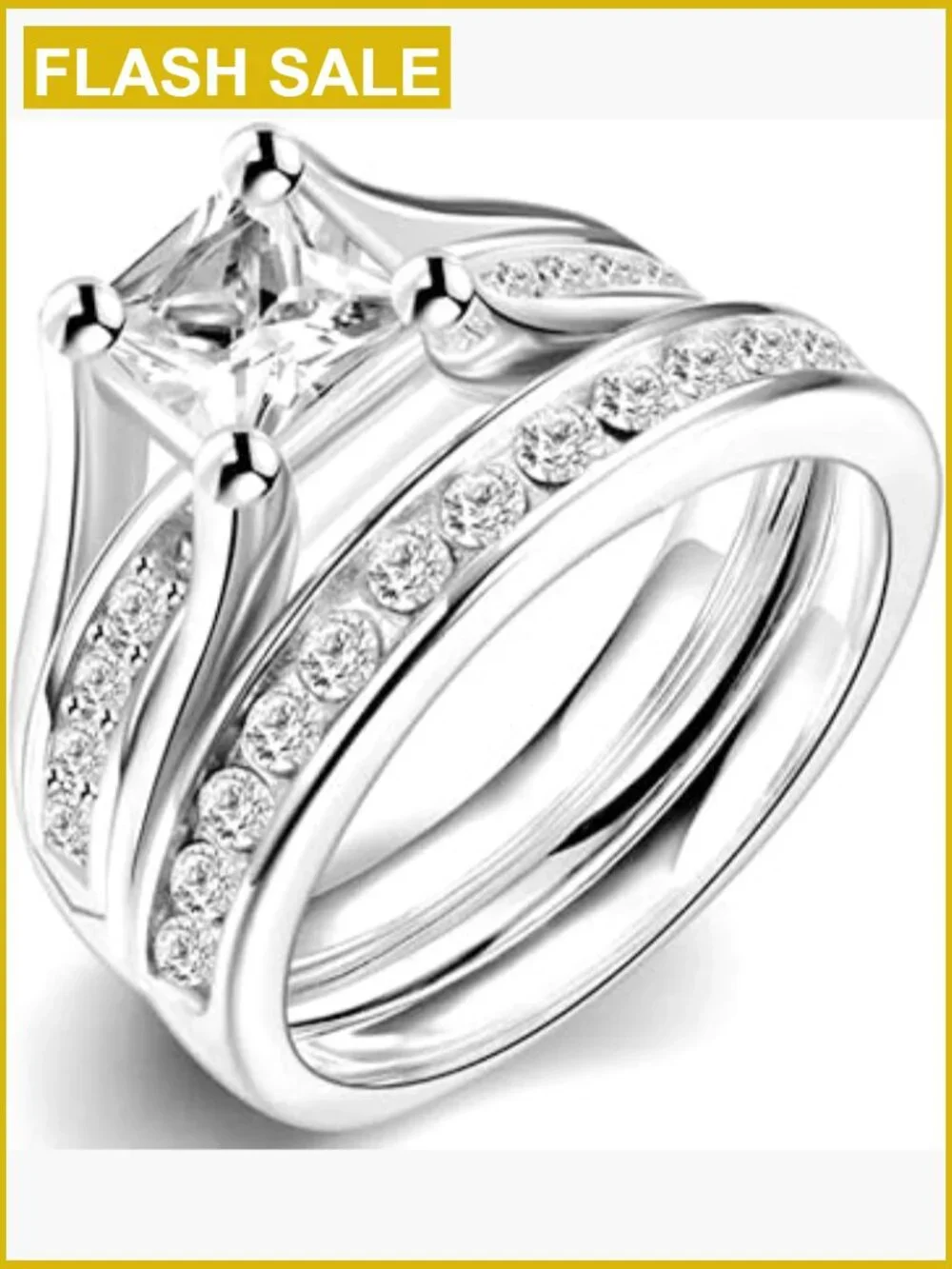 Stainless Steel Princess Cut Wedding Engagement Ring Set 2 Carat CZ